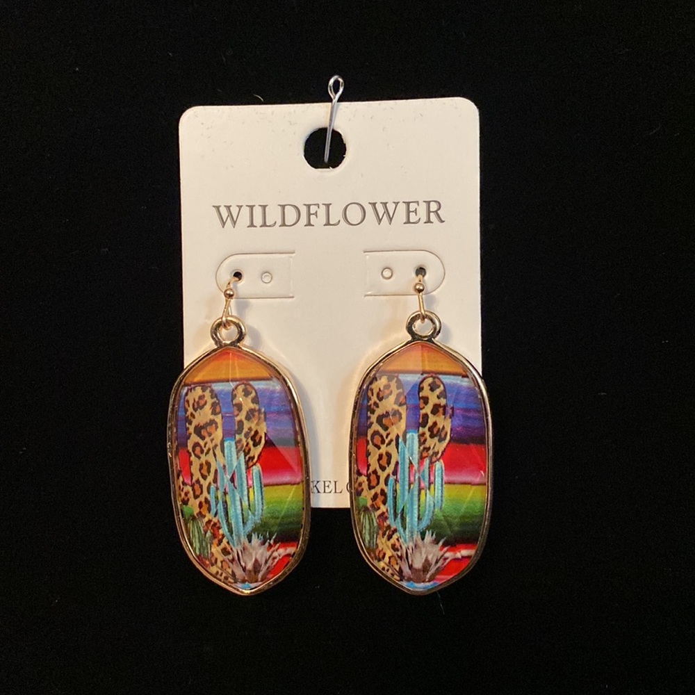 CACTUS LEOPARD PRINT WESTERN OVAL EPOXY FISH HOOK EARRINGS